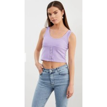 Askılı Düğme Detaylı Ribana Crop Tişö