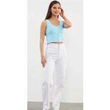 Askılı Düğme Detaylı Ribana Crop Tişört