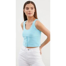 Askılı Düğme Detaylı Ribana Crop Tişört