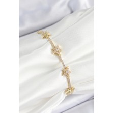 Pirinç Zirkon Taşlı Sıralı Yıldız Model Gold Renk Kadın Bileklik