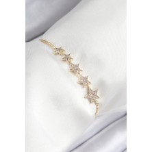 Pirinç Zirkon Taşlı Sıralı Yıldız Model Gold Renk Asansörlü Kadın Bileklik