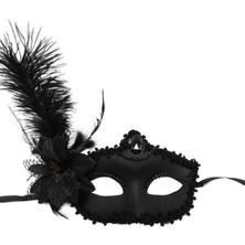 Siyah Mat Renk Yandan Tüylü Güllü Parti Balo Venedik Maskesi