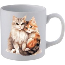 Sarılan Kediler Baskılı Beyaz Kupa Bardak - Seramik Çay, Kahve Hediyelik Bardağı