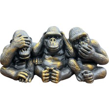 Bakan Eskitme Gold Görmedim Duymadım Bilmiyorum Temalı Tek Parça 3’lü Maymun Biblo – Dekoratif Obje(En:20cm Derinlik:7cm H:10 cm)