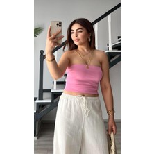 Pembe Lazer Kesim Straplez Bluz