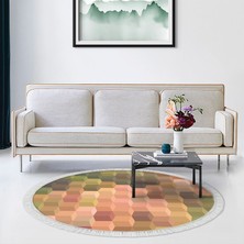 Alanur Home Kaymaz Dijital Mutfak & Salon Halı Star Pamuk Saçaklı Yuvarlak Geometrik E5014 Renkli