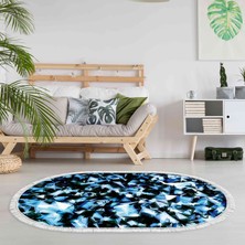 Alanur Home Kaymaz Dijital Mutfak & Salon Halı Trend Saçaklı Oval Geometrik E5012 Mavi