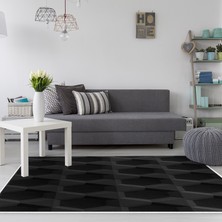 Alanur Home Kaymaz Dijital Mutfak & Salon Halı Star Pamuk Geometrik E5016 Siyah