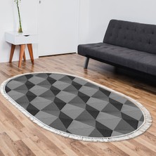 Alanur Home Kaymaz Dijital Mutfak & Salon Halı Star Pamuk Saçaklı Oval Geometrik E5010 Gri