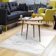 Alanur Home Kaymaz Dijital Mutfak & Salon Halı Trend Saçaklı Geometrik E5008 Beyaz