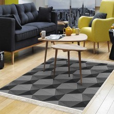 Alanur Home Kaymaz Dijital Mutfak & Salon Halı Yıldız Deri Saçaklı Geometrik E5010 Gri