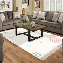 Alanur Home Kaymaz Dijital Mutfak & Salon Halı Trend Saçaklı Geometrik E5015 Beyaz