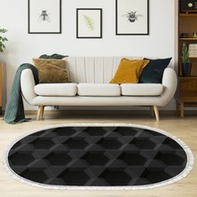 Alanur Home Kaymaz Dijital Mutfak & Salon Halı Star Pamuk Saçaklı Oval Geometrik E5016 Siyah