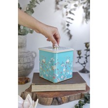 Mavi Desenli Kare Metal Saklama Kabı 12X12 Cm, Sağlam ve Şık Depolama Çözümü