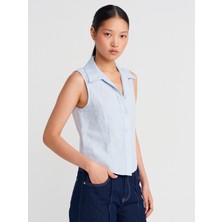 50511 Keten Kolsuz Gömlek-Mavi