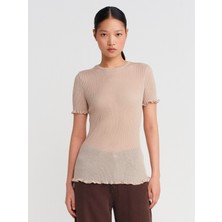 10783 Bisiklet Yaka Fırfırlı Ince Triko Bluz-Bej