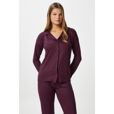 Kadın Secret Extra Soft Lacivert Bordo Çizgili Pijama Takımı