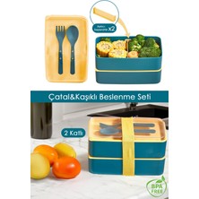 Iki Katlı Ayarlanabilir Dikdörtgen Saklama Kabı, Çatal ve Kaşık Servisi ile Yeşil Renk