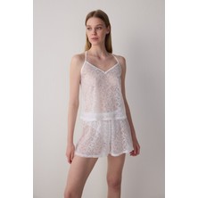 Penti Kırık Beyaz Bridal Dantelli Gelin Şortlu Pijama Takımı