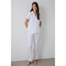 Penti Optik Beyaz Aria Saten Gömlek Yaka Kısa Kollu Pijama Takımı