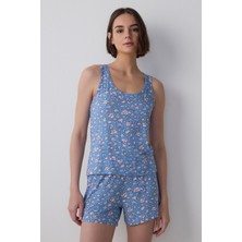 Penti Mavi Pretty Flowers Bisiklet Yaka Kolsuz Şortlu Pijama Takımı