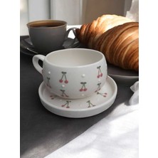 El Işçiliği Kiraz Desenli Seramik Tek Kişilik Tabaklı Fincan