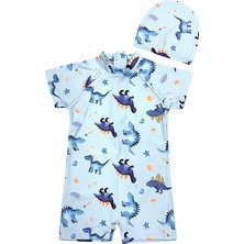 Erkek Çocuk Açık Mavi Renk Dinozor Baskı Desen Kısa Kollu Mayo ve Bone Takım