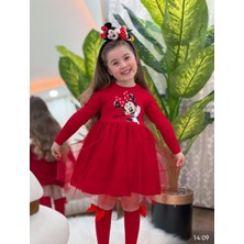 Kız Çocuk Minnie Mouse Baskılı Bisiklet Yaka  Pamuklu Tül Tütü Detaylı Uzun Kollu Elbise Kırmızı
