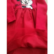 Kız Çocuk Minnie Mouse Baskılı Bisiklet Yaka  Pamuklu Tül Tütü Detaylı Uzun Kollu Elbise Kırmızı