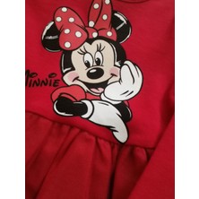 Kız Çocuk Minnie Mouse Baskılı Bisiklet Yaka  Pamuklu Tül Tütü Detaylı Uzun Kollu Elbise Kırmızı