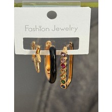 Jevelry Çılgın Kız Model Renkli Zirkon Taşlı 3 Lü Kadın Küpe Seti Gold Renk Küpe