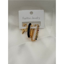 Jevelry Çılgın Kız Model Renkli Zirkon Taşlı 3 Lü Kadın Küpe Seti Gold Renk Küpe