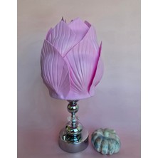 Pilli Abajur, Pilli Masa Lambası, Pilli Gece Lambası, Pembe Midye Yuvarak-Krist-Küretop Krom Ayak