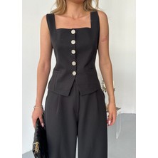 Kadın Şık Düğmeli Kolsuz Takım