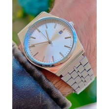 Gümüş Renk 36 mm Ufak Kasa Takvimli Çelik Kordon Erkek Kol Saati
