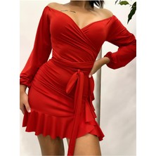 Pink and pink Kırmızı Kruvaze Mini Elbise