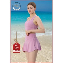 Kadın Alt-Üst Takım Şort & Sabit Pedli Üst Crop Denizde Havuzda Sporda Swimsuit Lila Takım 3107