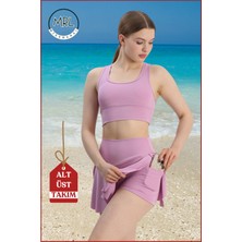 Kadın Alt-Üst Takım Şort & Sabit Pedli Üst Crop Denizde Havuzda Sporda Swimsuit Lila Takım 3107