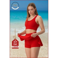 Kadın Alt-Üst Takım Şort & Sabit Pedli Üst Crop Deniz Havuz Sporda Swimsuit Kırmızı Takım 3107