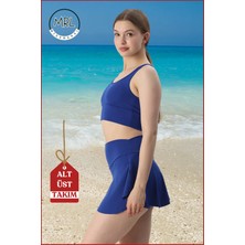 Kadın Alt-Üst Takım Şort & Sabit Pedli Üst Crop Denizde Havuzda Sporda Swimsuit Mavi Takım 3107