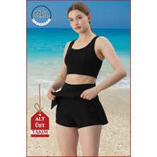 Kadın Siyah Alt-Üst Takım Şort & Sabit Pedli Üst Crop Denizde Havuzda Sporda Swimsuit TAKIM33107