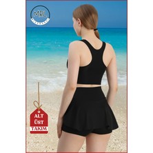 Kadın Siyah Alt-Üst Takım Şort & Sabit Pedli Üst Crop Denizde Havuzda Sporda Swimsuit TAKIM33107