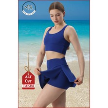 Kadın Alt-Üst Takım Şort & Sabit Pedli Üst Crop Denizde Havuzda Sporda Swimsuit Mavi Takım 3107