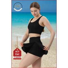 Kadın Siyah Alt-Üst Takım Şort & Sabit Pedli Üst Crop Denizde Havuzda Sporda Swimsuit TAKIM33107