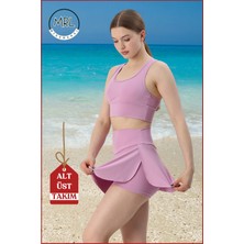 Kadın Alt-Üst Takım Şort & Sabit Pedli Üst Crop Denizde Havuzda Sporda Swimsuit Lila Takım 3107