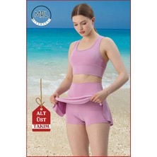 Kadın Alt-Üst Takım Şort & Sabit Pedli Üst Crop Denizde Havuzda Sporda Swimsuit Lila Takım 3107