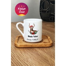 Kişiye Özel Geyik Tasarımlı Türk Kahvesi Fincanı Ahşap Altık Yılbaşı Hediye