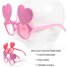 Pembe Renk Sim Işlenmiş Kalp Figürlü Parti Gözlüğü