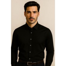 Erkek Slim Fit Pamuk Saten Dar Kesim Siyah Pamuklu Gömlek