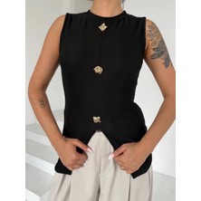 Kadın Siyah Bisiklet Yaka Gold Düğmeli Ottoman Bluz S2310